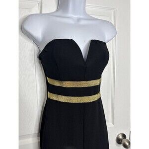 S Charlotte Russe Black Strapless Jumpsuit Gold Waist Wide Leg Formal